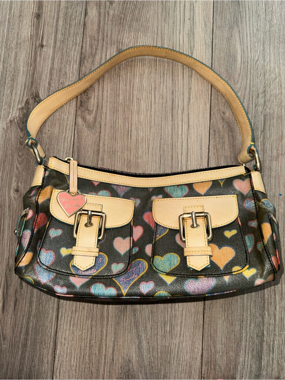 Y2K Dooney & Bourke Colorful Heart Print Leather Shoulder Bag